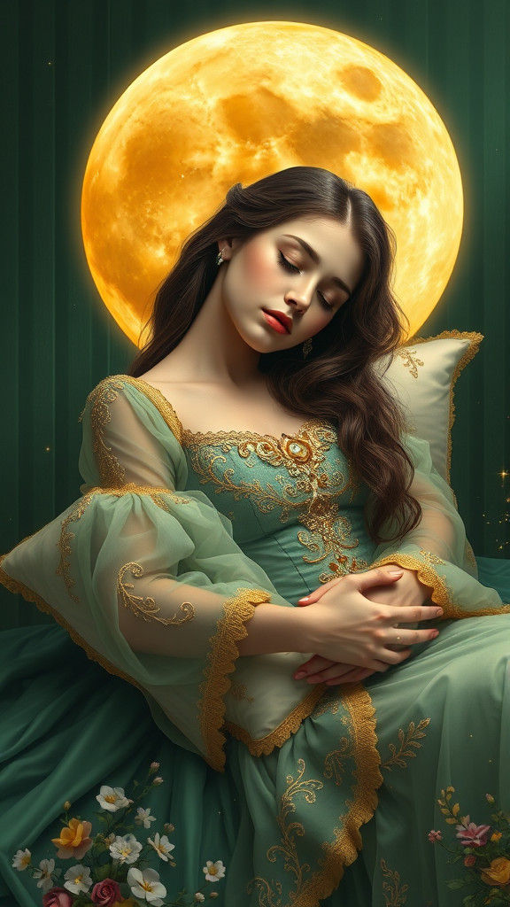 Woman in Seafoam Gown Under Moonlight: Digital Painting