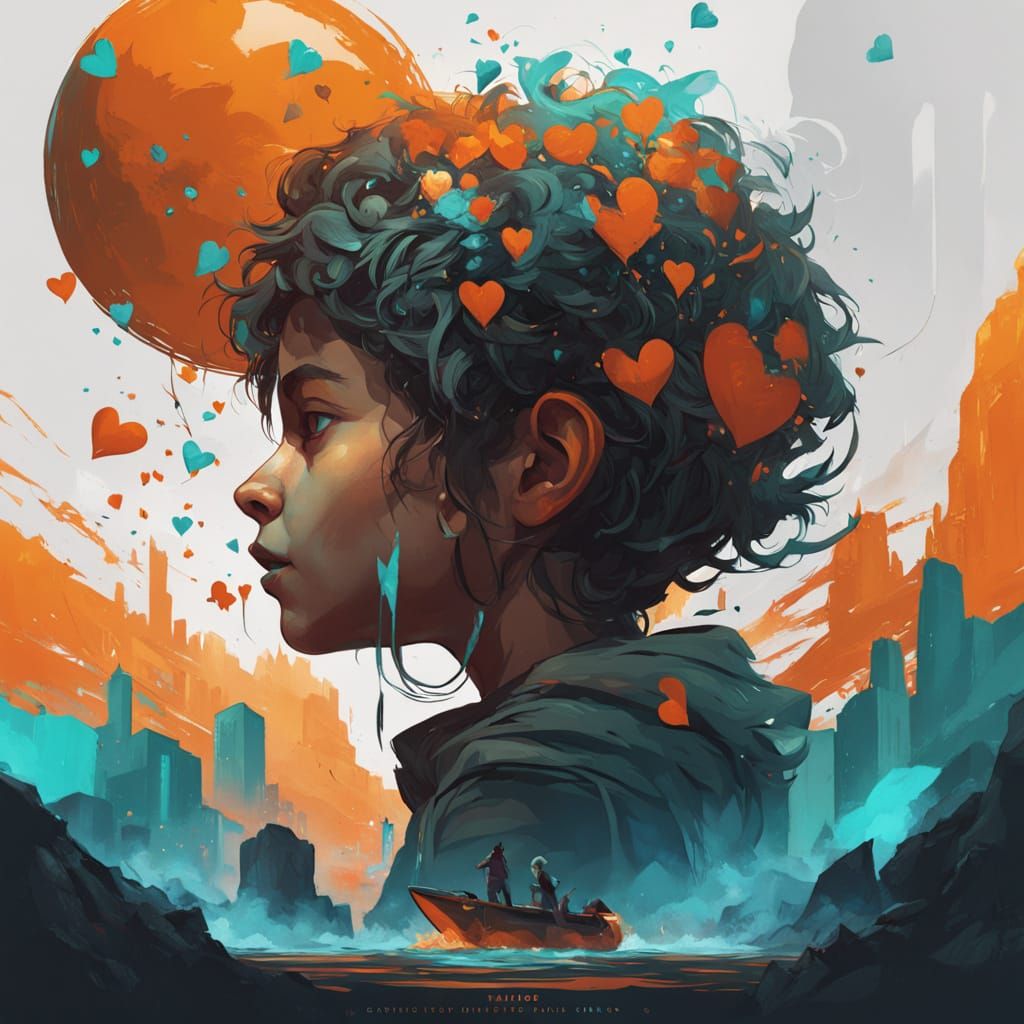 Boy Chasing Dripping Heart Balloon in Monochromatic Splash A...