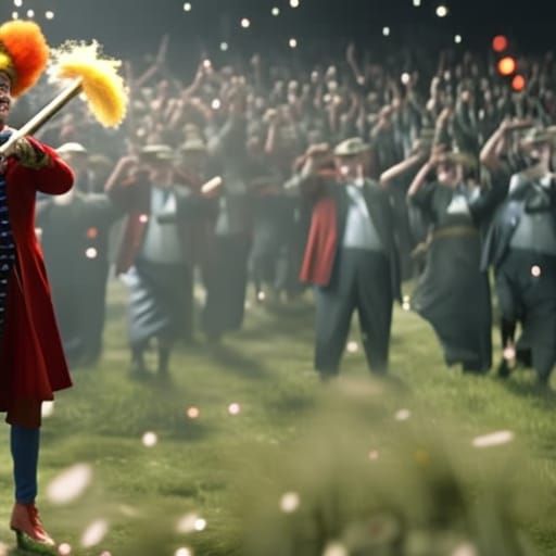 Funny Clown Dancing with Mop in Spotlight