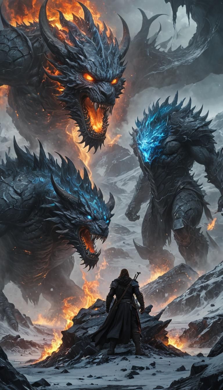 Ice and Fire Titans Clash: Epic Oil Painting