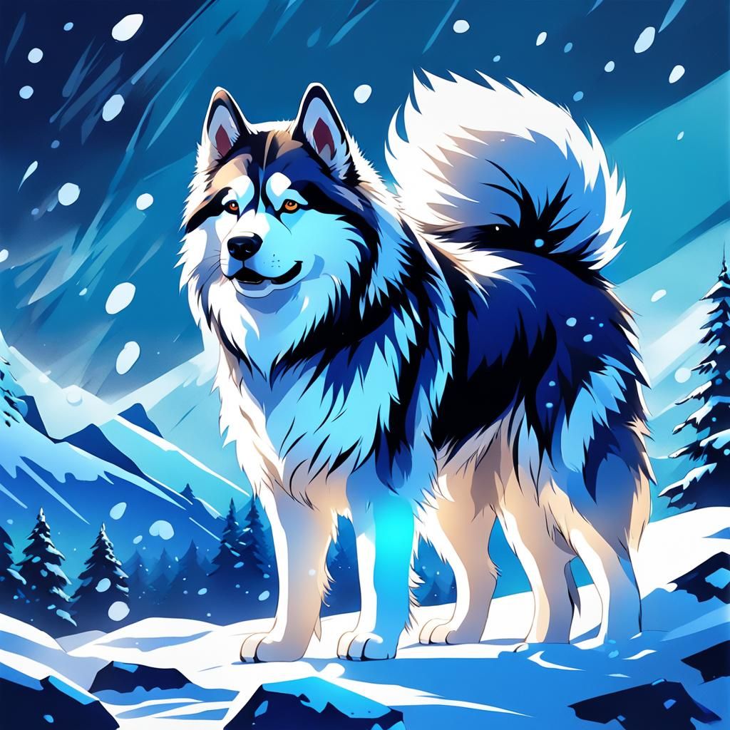 Alaskan Malamute in Snow: Vibrant Anime Style