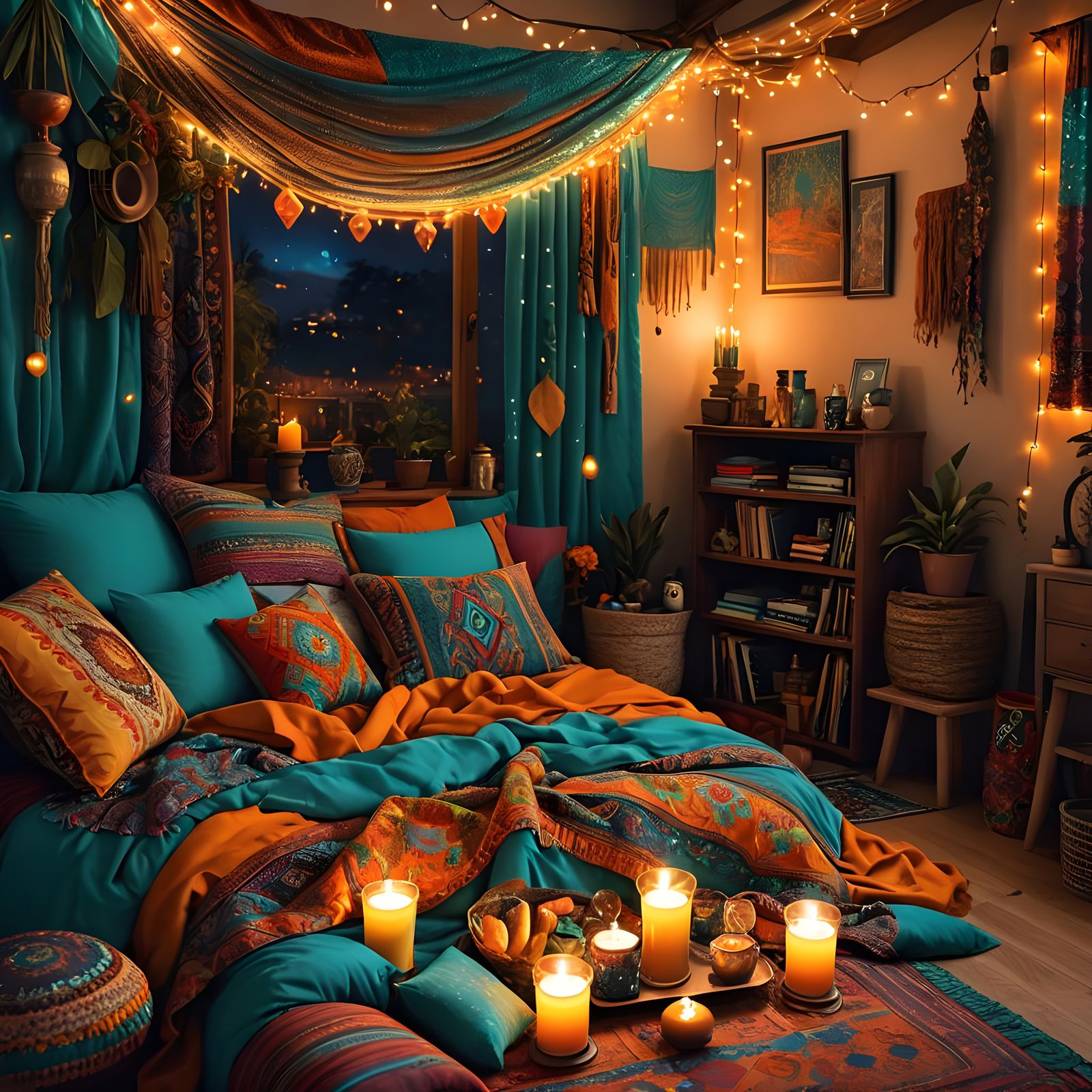 Cozy Hippie Bedroom with Lit Candles in 8K