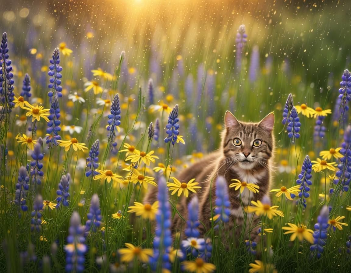 Cat in a Flower Meadow with Golden Rain