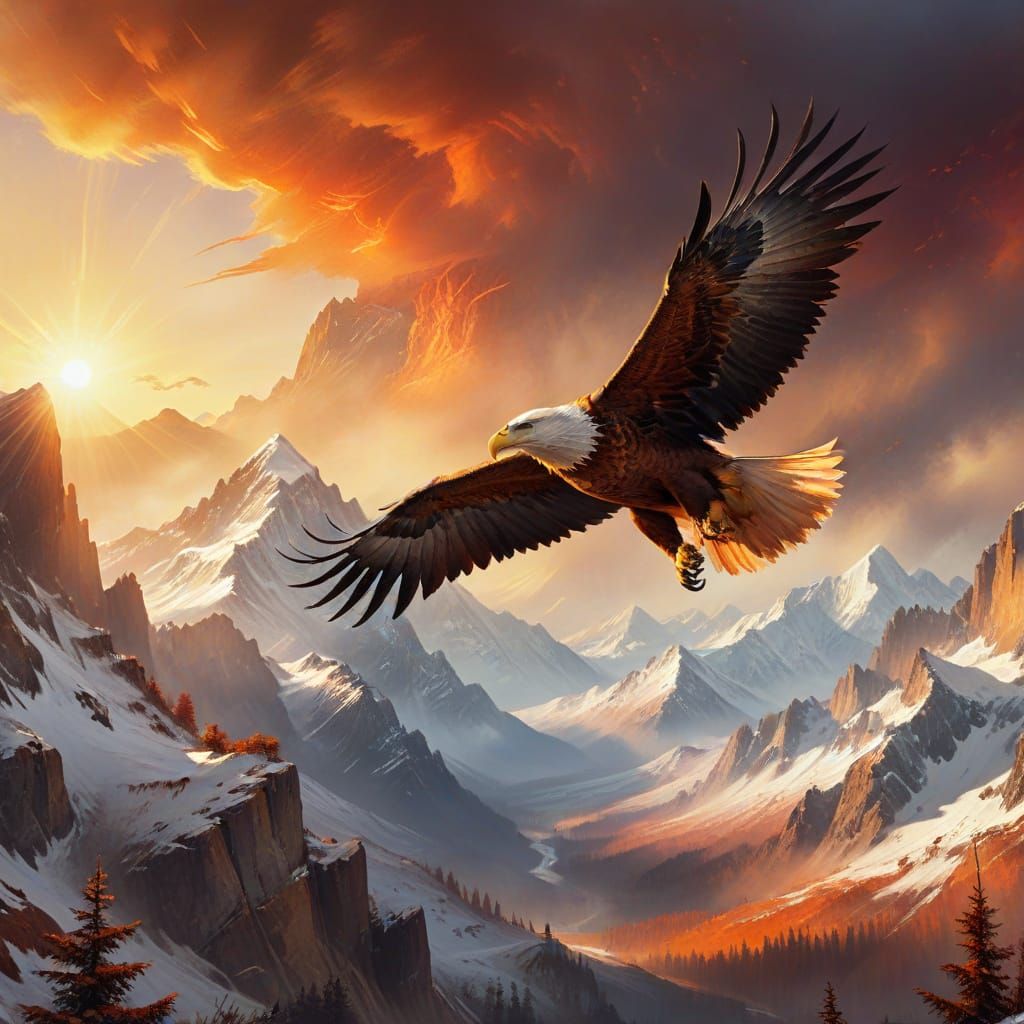 Majestic Eagle Soaring Above Mountains at Sunset