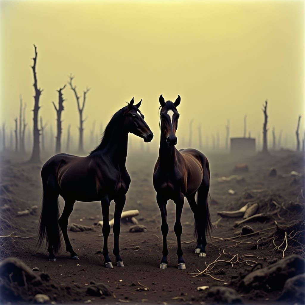 Horses in War-Torn Landscape, in Dark Surrealist Style