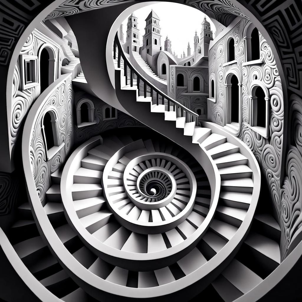 Impossible Monochrome Staircase in Swirlscape Illustration