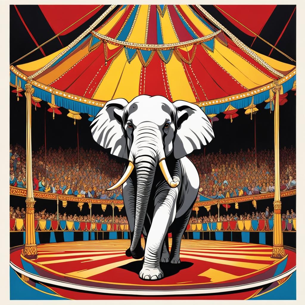 Majestic White Elephant Acrobat in Anime Circus Setting
