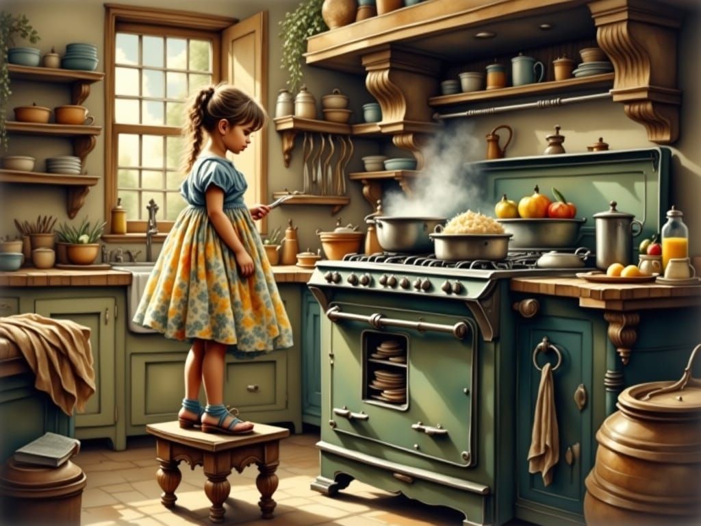 Girl Cooking Pudding: Antique Watercolor Illustration