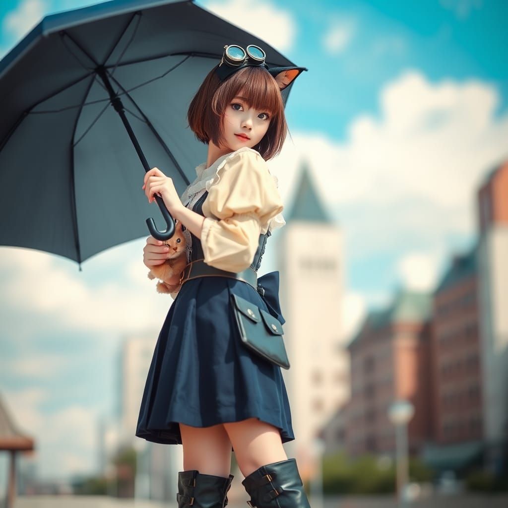 Steampunk Asian Woman with Cat in City