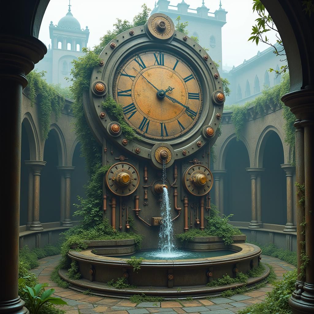 Steampunk Clockwork Fountain in Gothic Courtyard