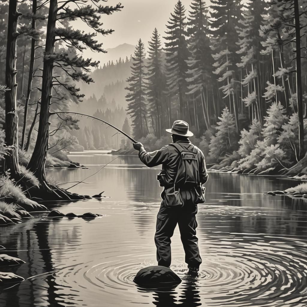 Fly Fisherman in Black and White Hollow-Cut Style