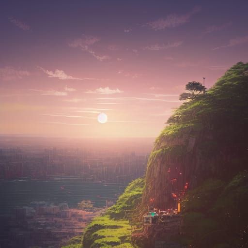 Sunset Over City: Anime Art by Studio Ghibli