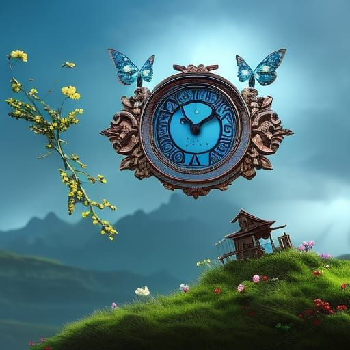 Floral Clock with Butterfly in Fantasy Art Style
