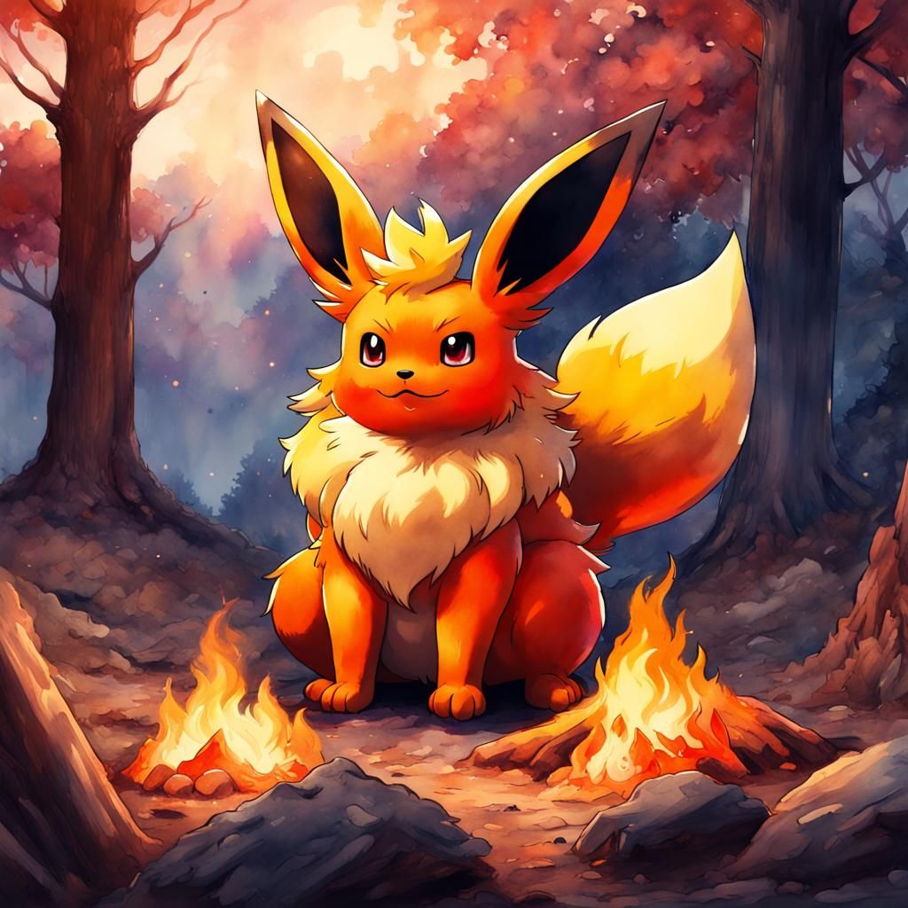 Flareon Pokémon Campfire: Beautiful Watercolor Art