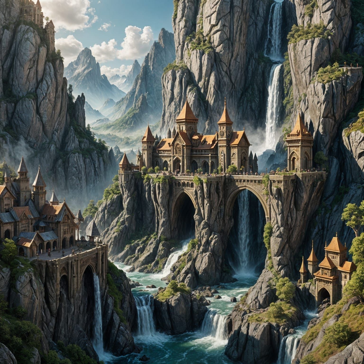 Surreal Dwarven City Amidst Majestic Waterfalls in Cyberpunk...