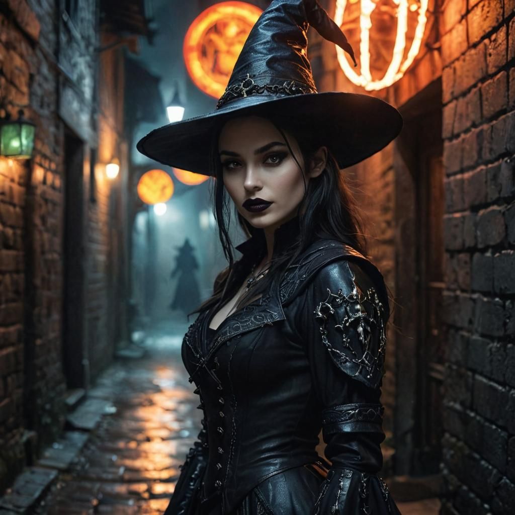 Medieval Witch in Alley at Night, Dark Fantasy
