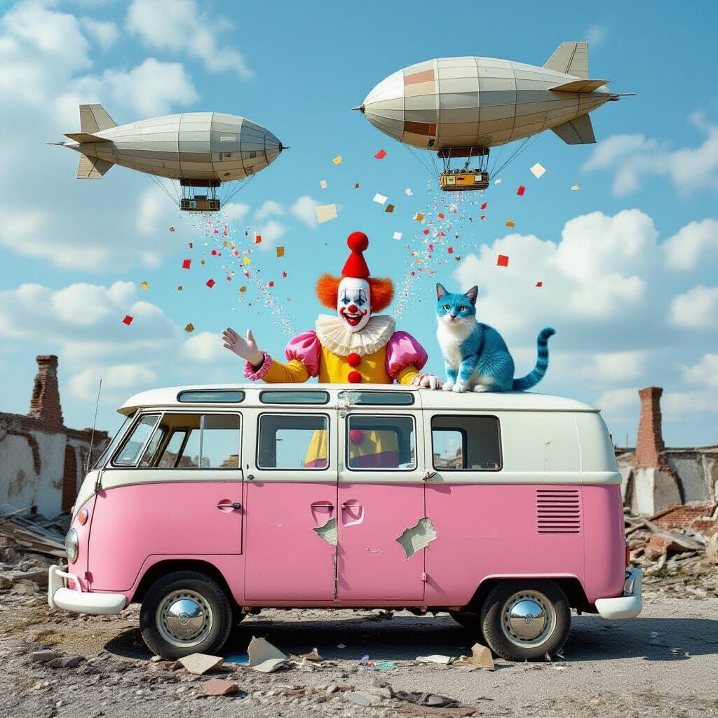 Playful Uncanny Composition of Joy Amid Ruins