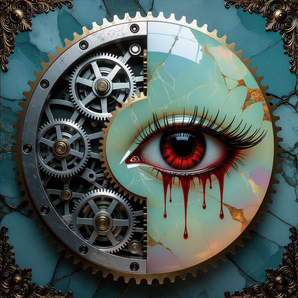 Steampunk Engine with Opal Moonstone Eye, Dark Etching