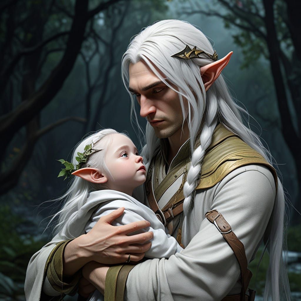 Ethereal Elf Wizard with Baby in Hyperrealistic Style