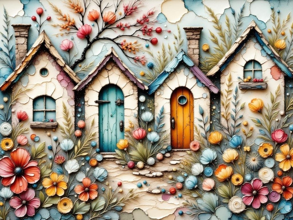 Whimsical Village Cottages in Folk-Art Style
