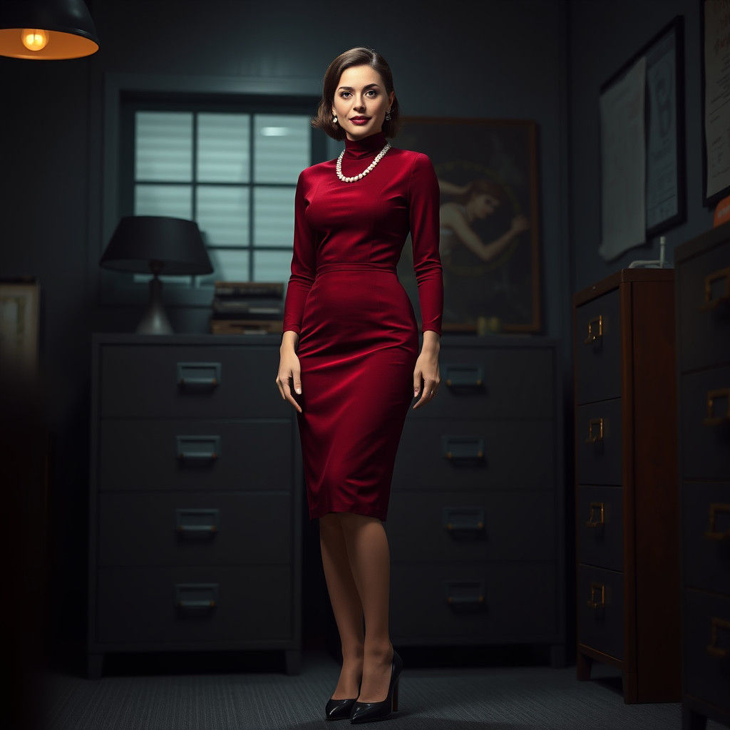 Woman in Red Dress in Sci-Fi Office