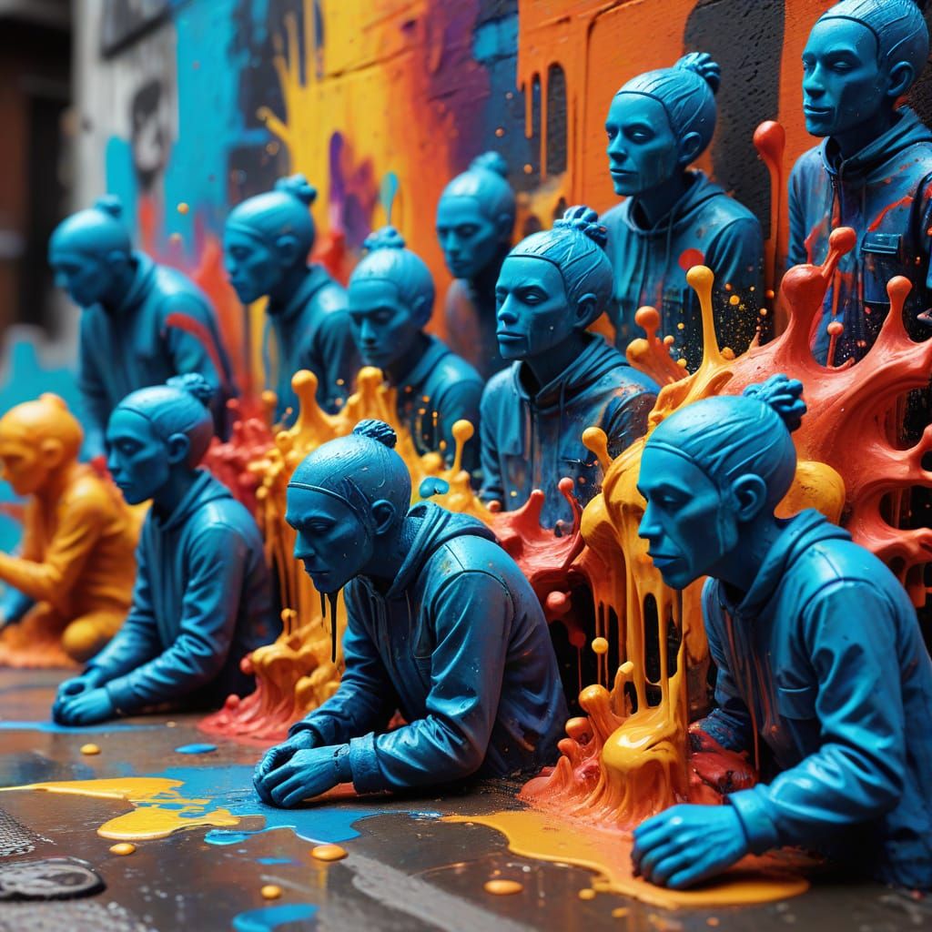 Dynamic Clay Figures in Vibrant Street Art Style