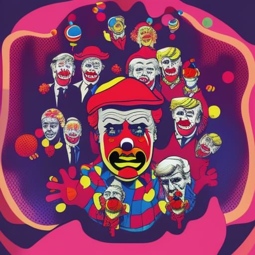 Pop Art Masterpiece of Donald Trump Surrounded by Clowns