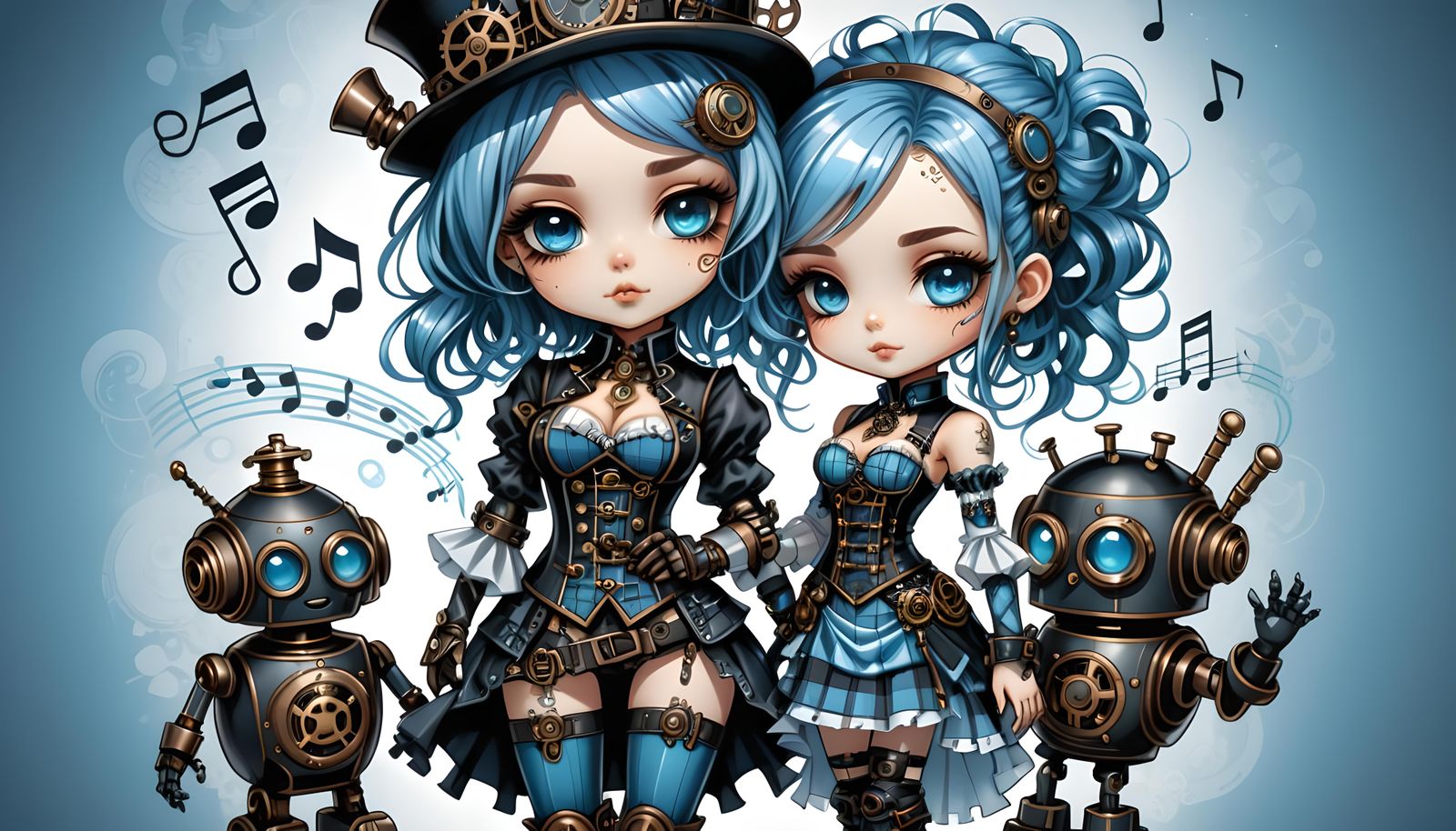 Steampunk Chibi with Robot in Ink Outline Style