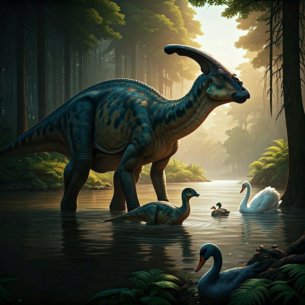 Parasaurolophus Family in a Lakeside Scene