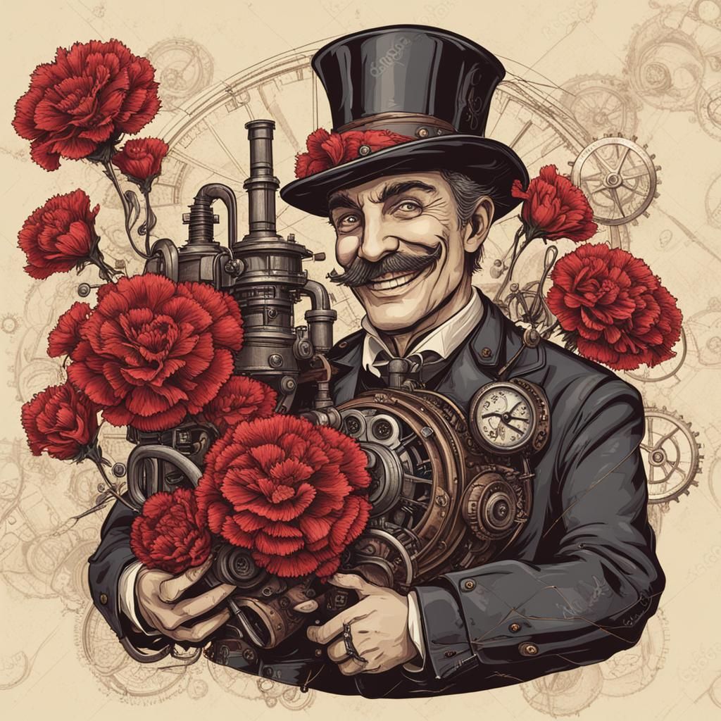 Steampunk Man with Carnations by Engine