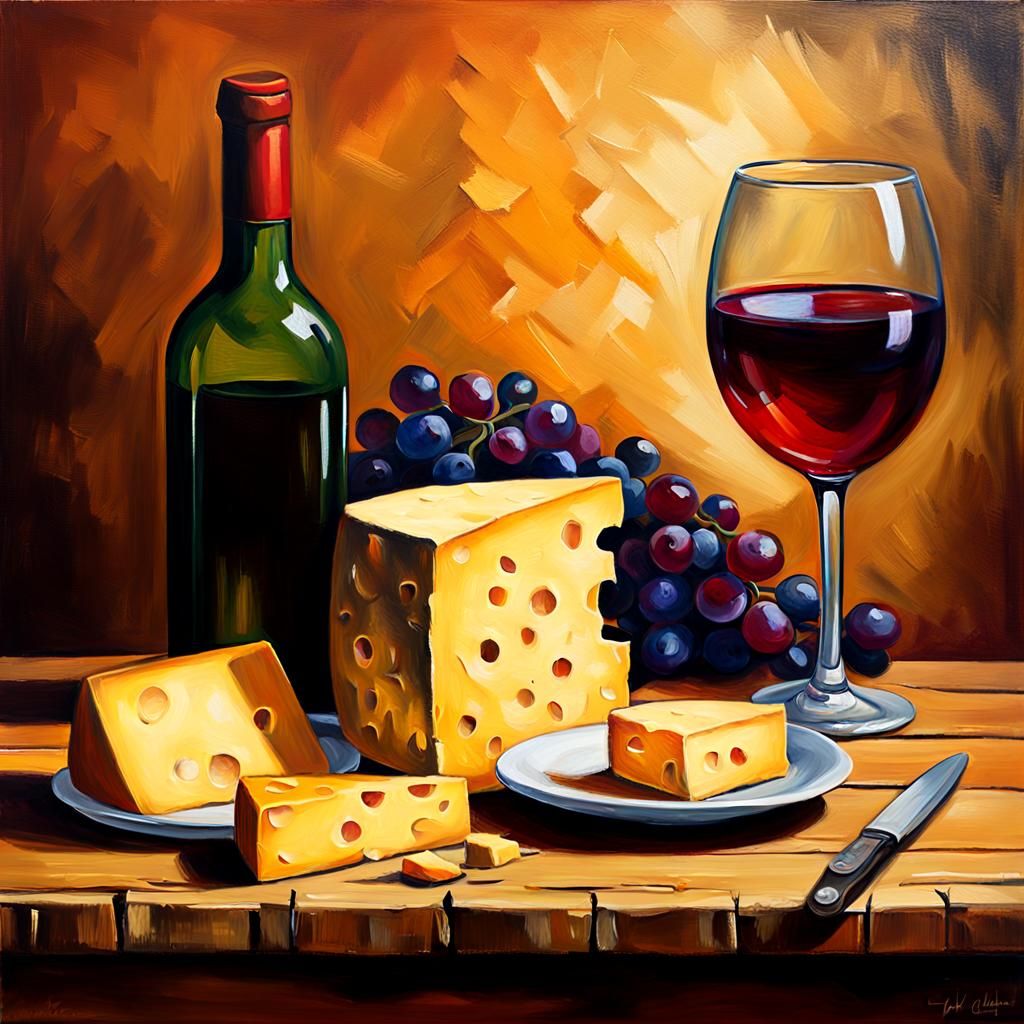 Wine and Cheese Still Life in Oil Painting Style