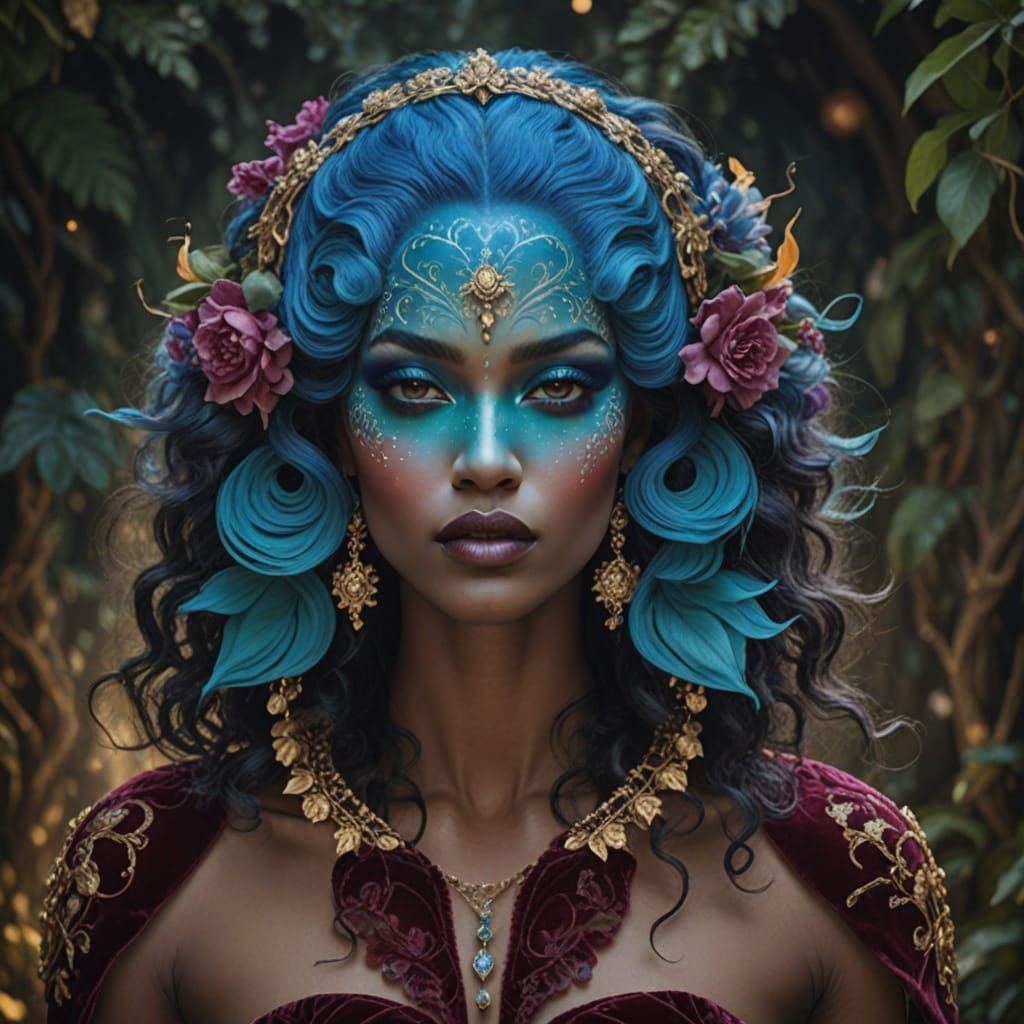 Elegant Woman in Lavish Baroque Setting with Intricate Tatto...