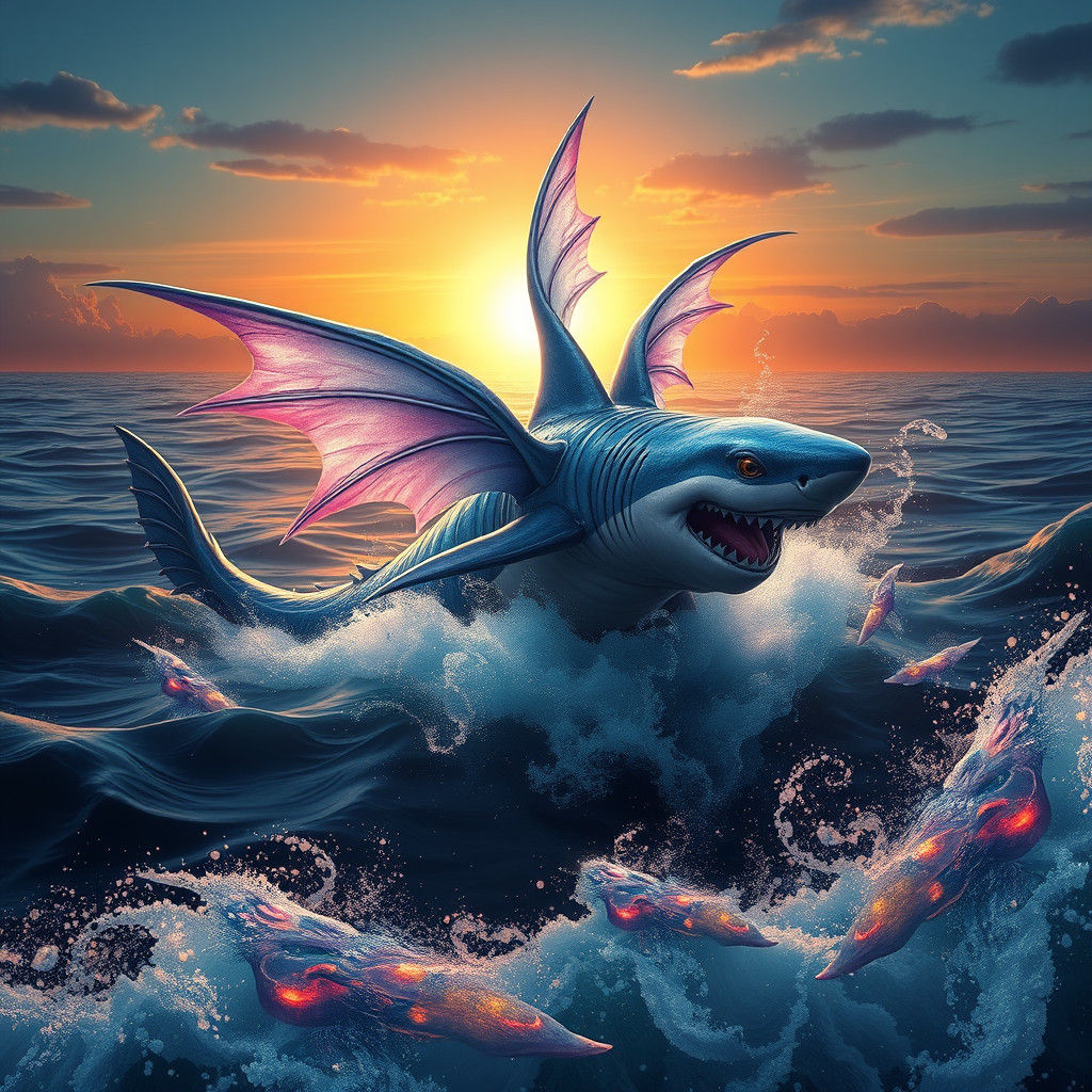 Majestic Half-Fairy Shark Breaching Ocean in Matte Painting