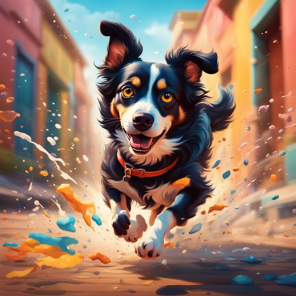 Dog Running to Owner in Hyperrealistic Splash Art