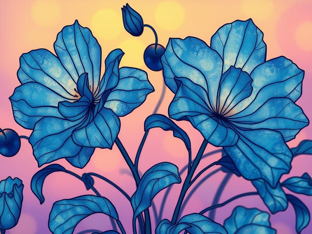 Ornate Blue Flowers in Whimsical Dreamlike Evening Light