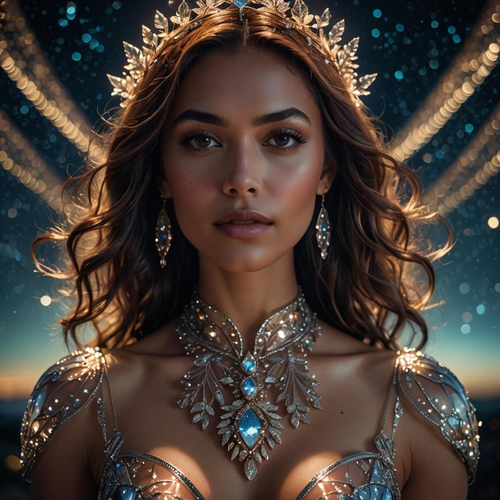 Woman in Glass Dress Under Night Sky