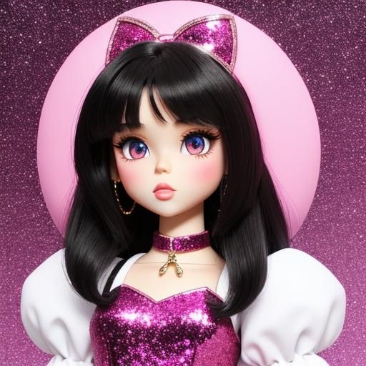 Bratz Doll with Dark Hair Posing on Pink Glitter
