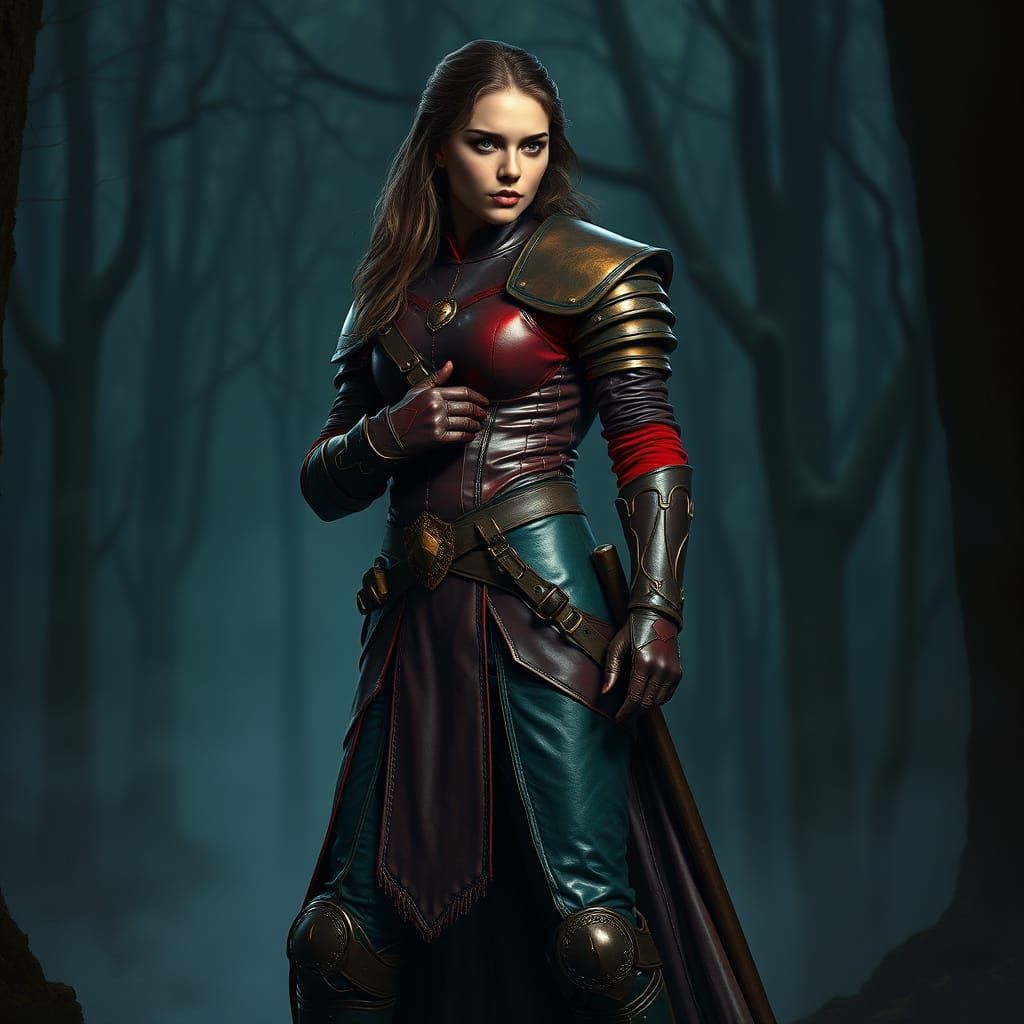 Cinematic Figure in Rich Leather Armor in Misty Forest