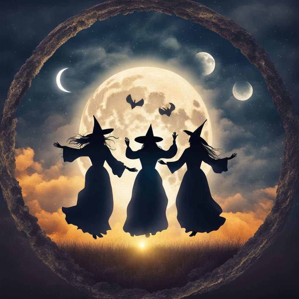 Witches Dancing in Circle During Lunar Eclipse