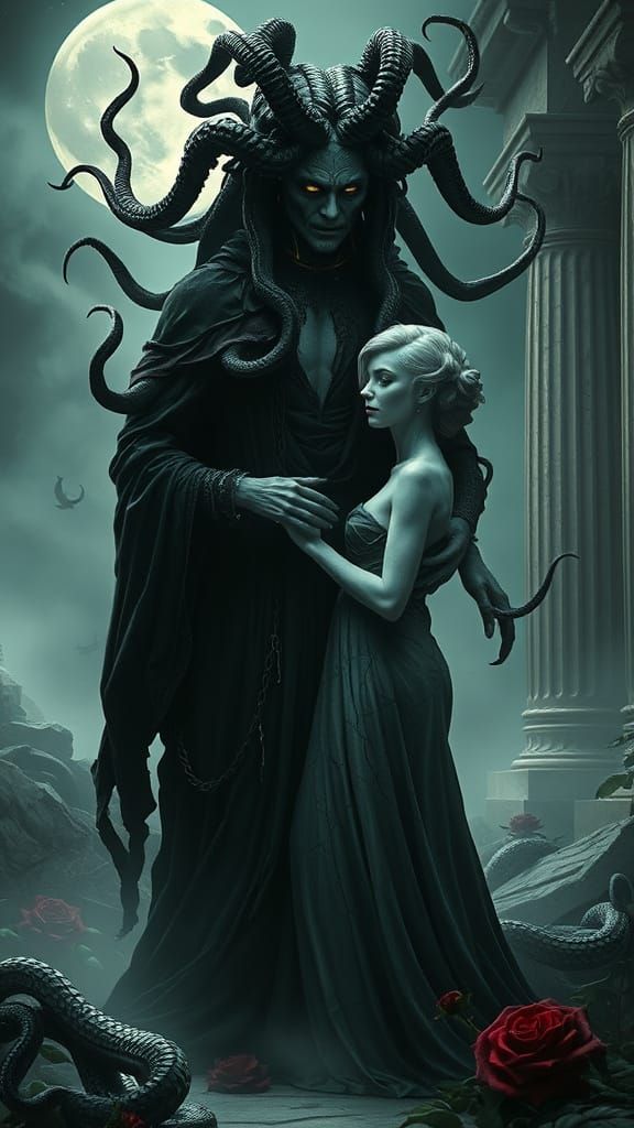 Regal Medusa Enchants a Couple in Gothic Horror Atmosphere