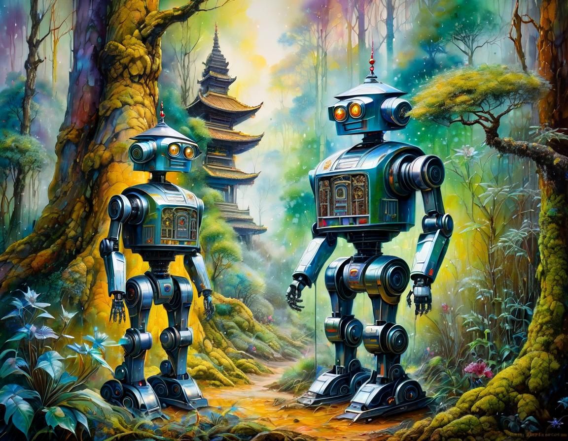 Robots Camping in Forest, Stalked by Monkey