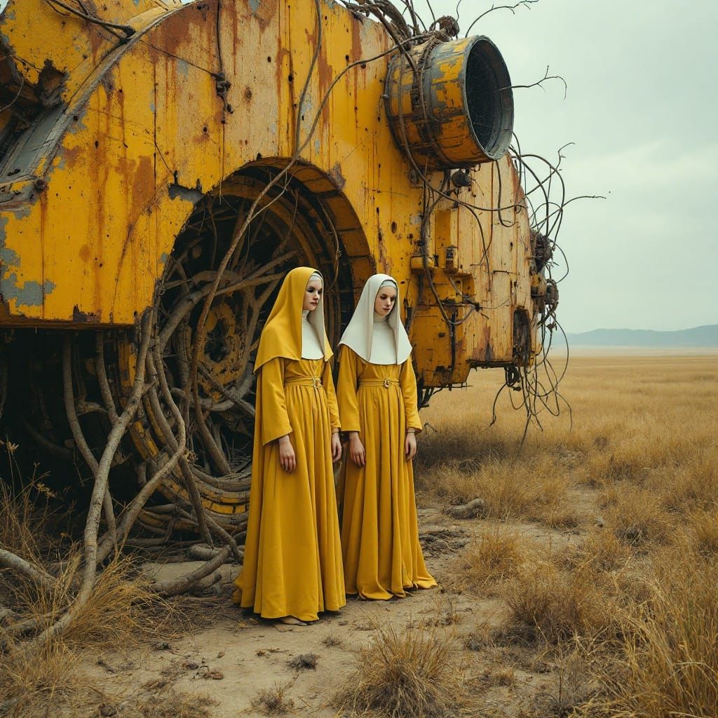Sisters in Yellow and Black Habit, Beside Futuristic Machine...