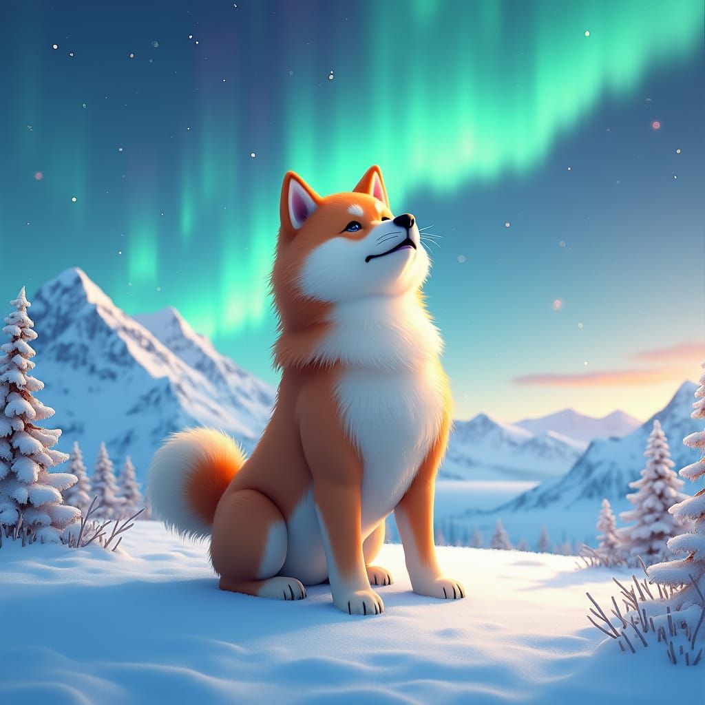 Shiba Inu Contemplates Northern Lights in Vibrant Winter Won...