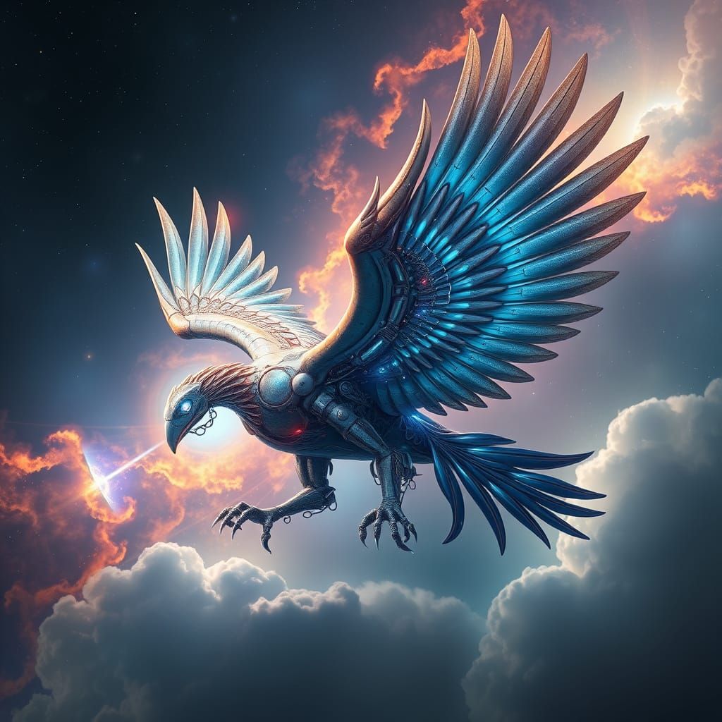 Cyborg Griffin Soars Through Nebula-Filled Sky in Hyperreali...