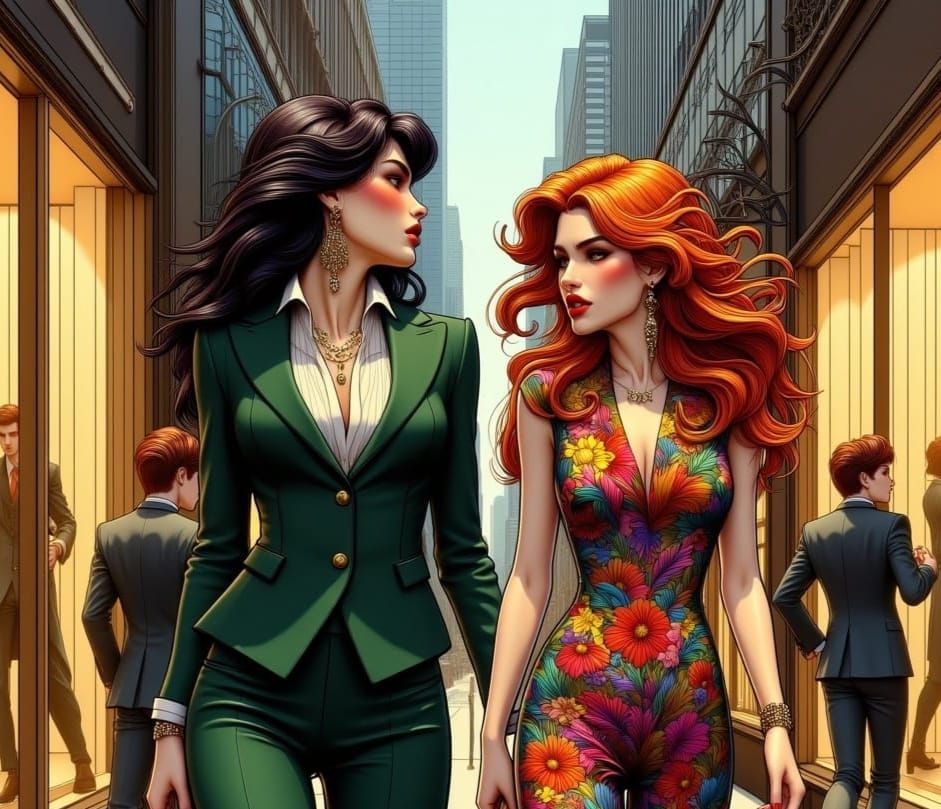 Women in Art Nouveau Punk Style Window Shopping in Manhattan