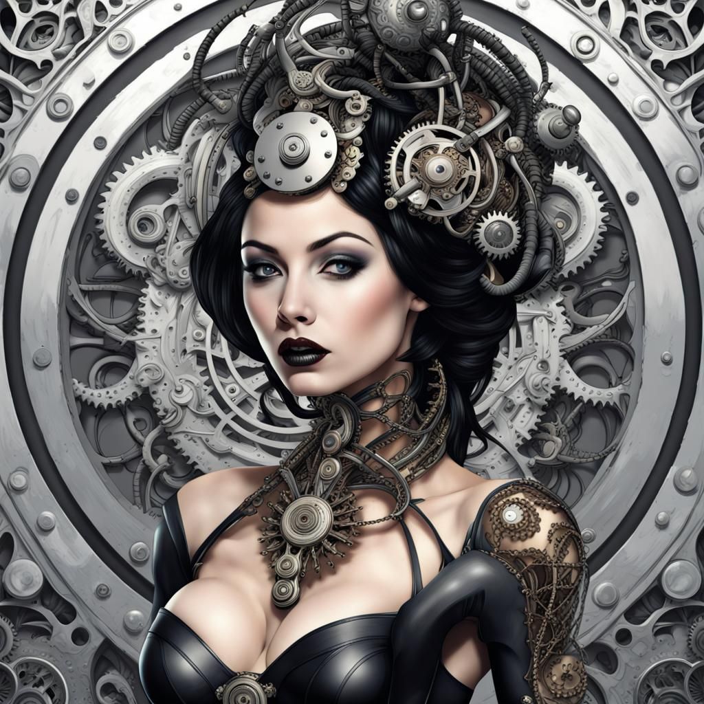 Gothic Biomechanical Pin-up with Fractal Elegance