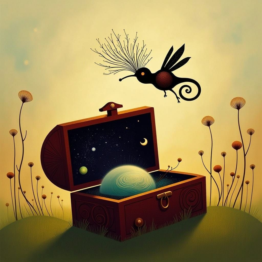 Mechanical Hummingbird Discovering Galaxy Treasure Chest