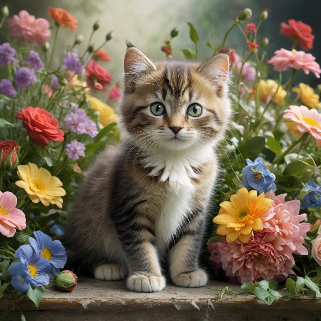 Whimsical Kitten Amidst Vibrant Floral Wonderland