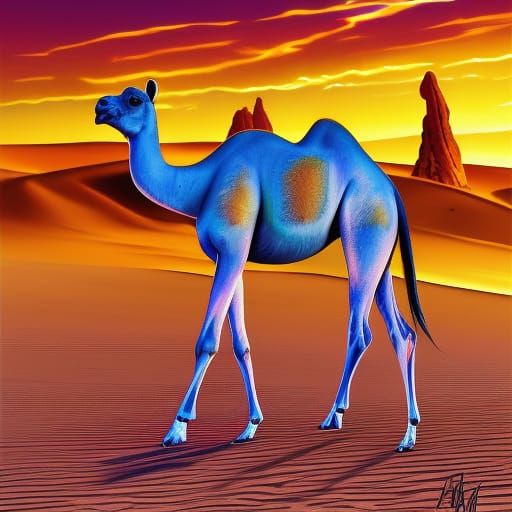 Sahara Camel and Galactic Sunset: Hyperrealistic Digital Art