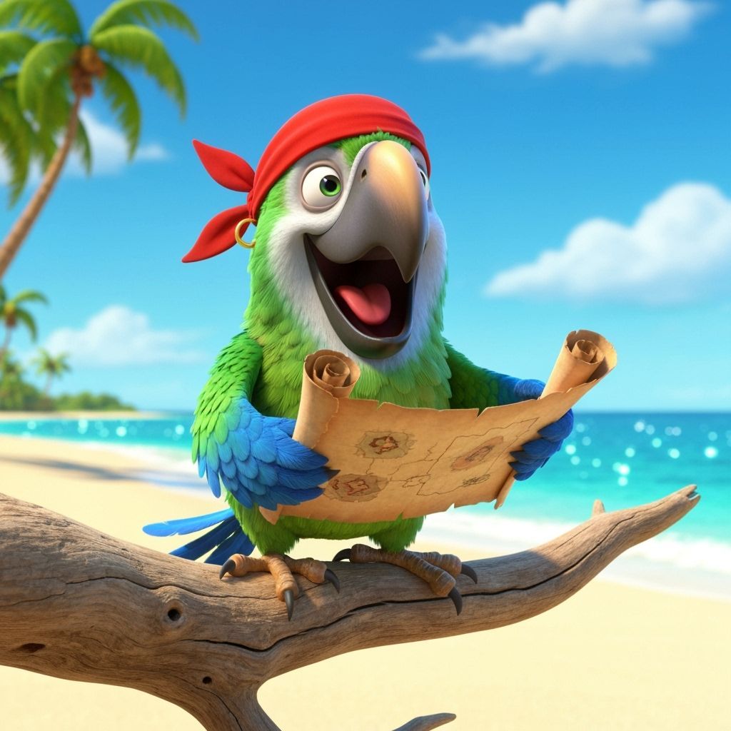 Joyful Parrot Pirate on Tropical Beach in Pixar Style